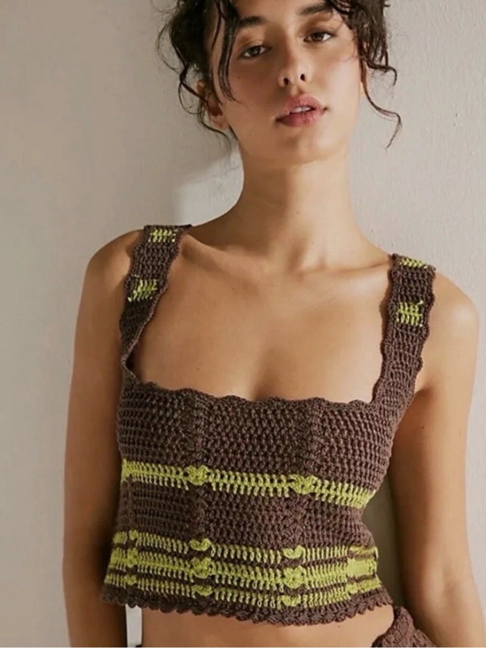 Hand-Crocheted Brown & Olive Green Crop Tank Top